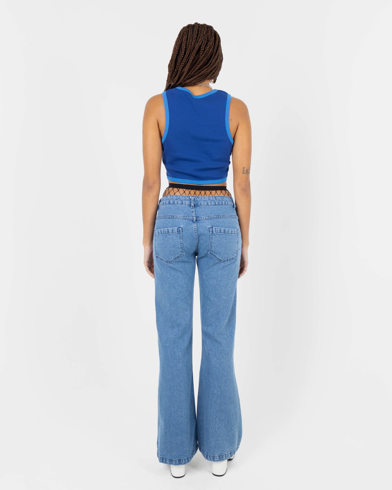 Blade Low Waist Flared Denim Jeans With Cut Out In Blue